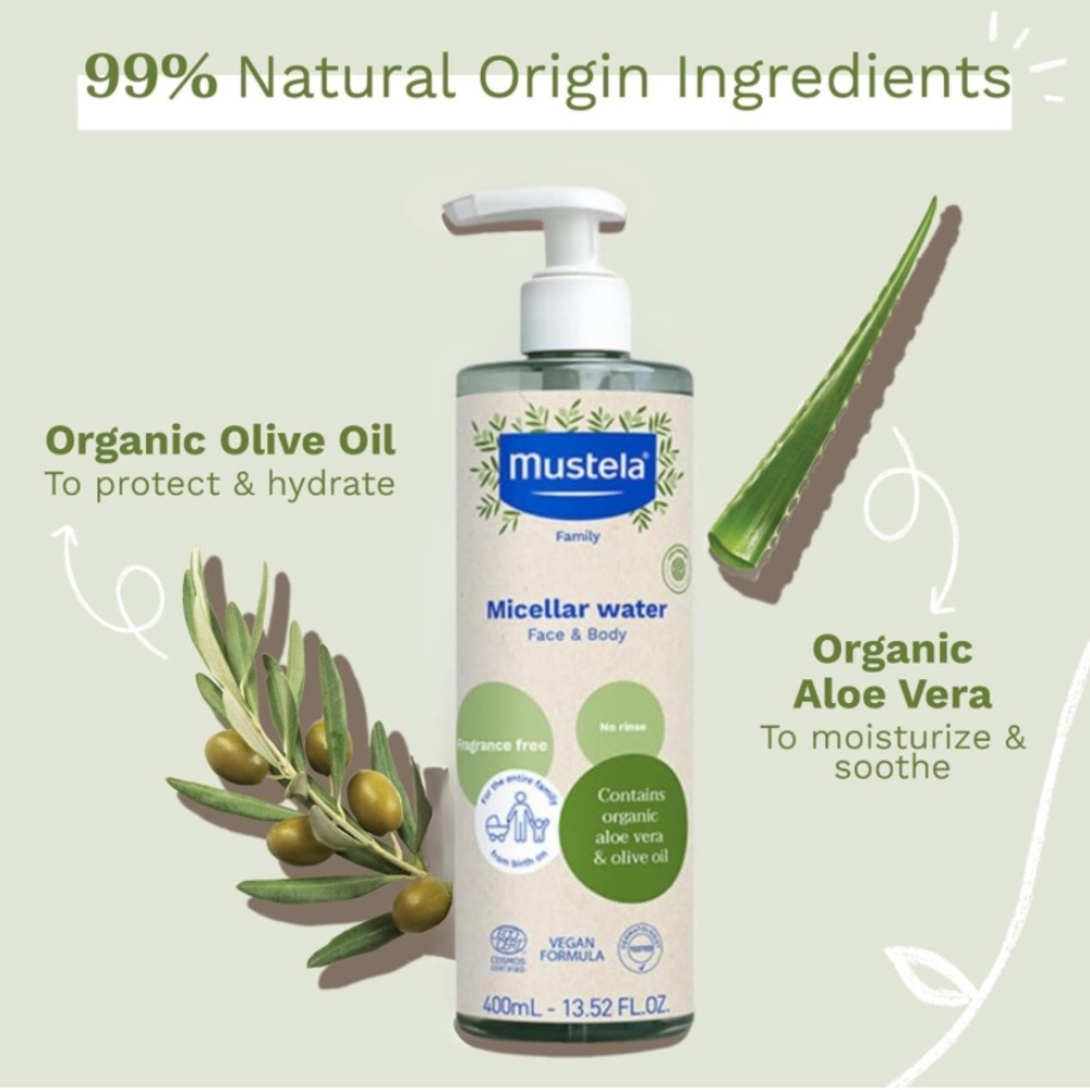NEW Mustela Certified Organic Micellar Water No-Rinse Natural Water Cleanser